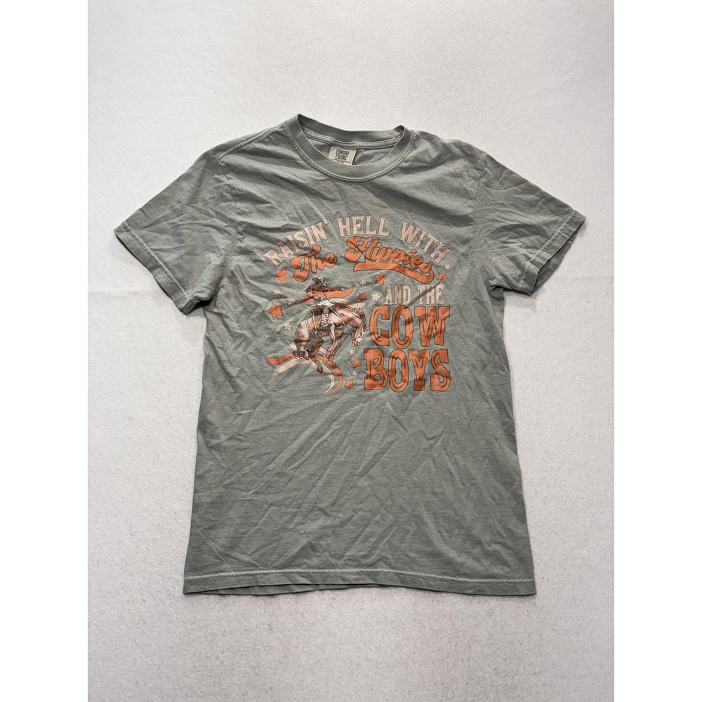 Comfort Colors Shirt Mens Small Green Raisin' Hell With Hippies Cowboys Graphic